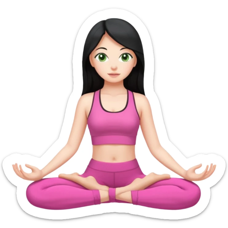 Girl with long black hair with green eyes doing yoga with pink clothes sticker