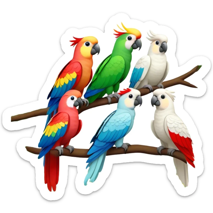 Close-up collage of vibrant Ara parrots and Inca cockatoos sitting on tree branches, surrounded by lush greenery. Bright colors of the birds stand out against a natural, sunny background of trees and flowers. Transparent background. sticker