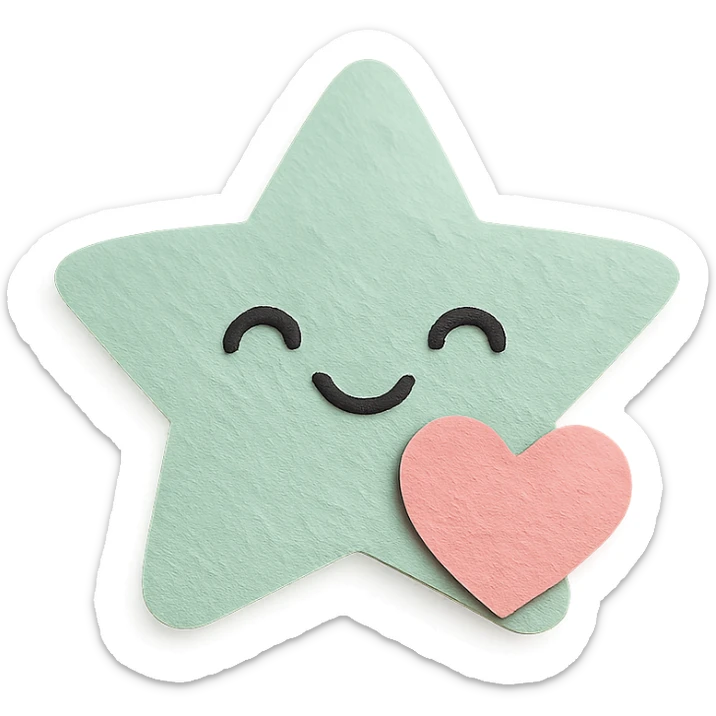 A smiling pastel green star clutching a small pastel heart, no arms or legs, full body, transparent background, in kawaii paper craft style. sticker