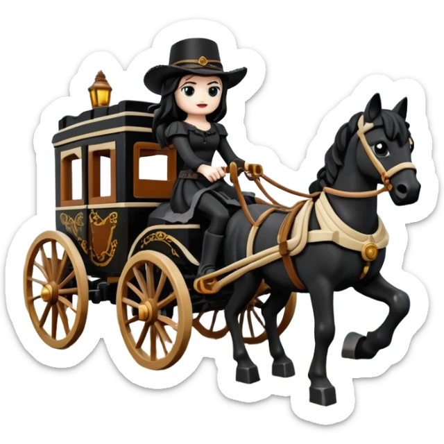  Rustic all black Lego antique wood detailed 1854 pretty dark-haired Catgirl driving a huge horse-drawn fancy French stagecoach Caravan on a bumpy scary ghost trail in the woods  sticker
