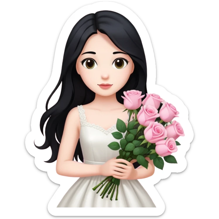 A beautiful girl with long black hair and a white dress is holding a bouquet of pink roses sticker