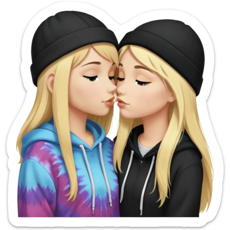 Short brunette haired white girl in a hoodie and a black beanie kissing a tall short long blonde haired girl wearing a black beanie and a tiedye hoodie. make ther brunette shorter than the blonde sticker