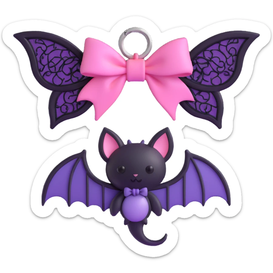 3D emoji style pink bow with gothic effect, ombre pink to purple, black lace edges, and silver bat charm sticker
