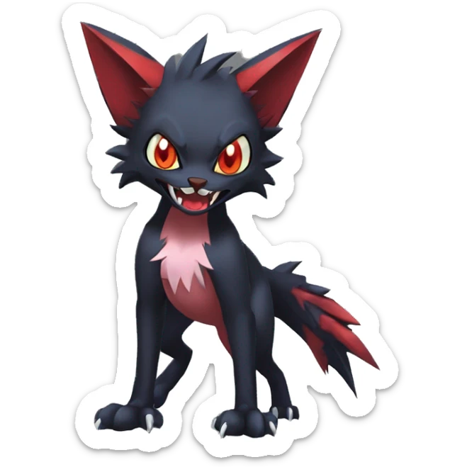   cool cute fantasy anime dark animal vampiric Litten-Zoroark-Nargacuga-cat-hybrid Fakemon with big fangs and bat-ears full body sticker