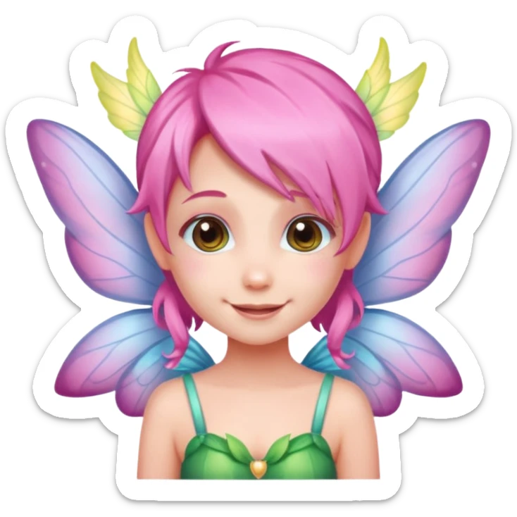 A tiny pastel fairy with pink hair with glowing wings and a sweet smile  sticker