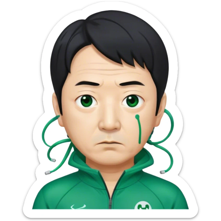 Park Ju-un is a middle-aged man, around 45 years old, green tracksuit, with tired eyes that carry the weight of a lifetime of struggles. His black hair, streaked with strands of gray, is unkempt and damp with sweat.

His face is gaunt, with deep wrinkles lining his forehead and around his mouth, evidence of years of stress and hardship. He wears the standard green Squid Game tracksuit (#369), but his jacket is slightly loose on his thin frame, and the collar is stained with sweat. His hands, slightly calloused from years of office work, tremble as he grips the small needle. sticker