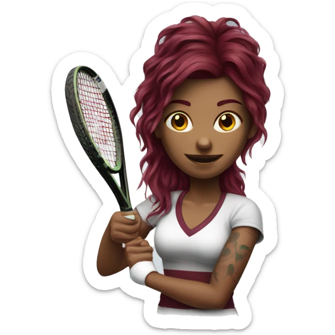 Beautiful tattooed  burgundy long haired woman playing tennis sticker