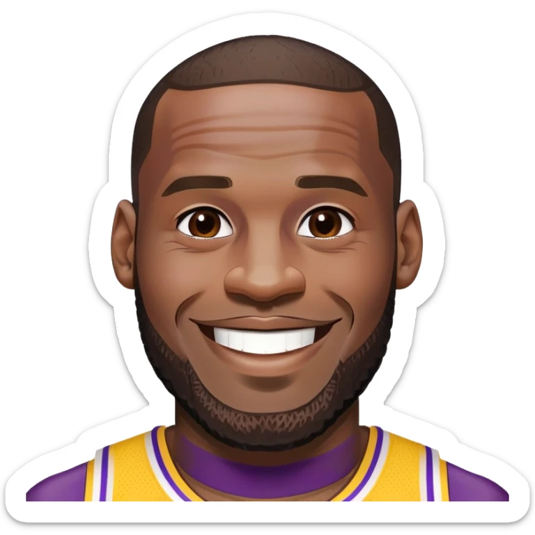 LeBron James face with a big smile and Lakers purple and gold colors sticker