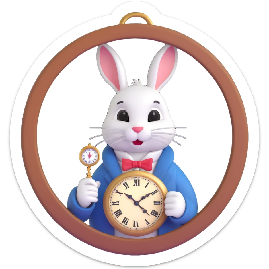 Alice in Wonderland white rabbit peeking out of a hole, holding a pocket watch, playful and magical design emoji sticker
