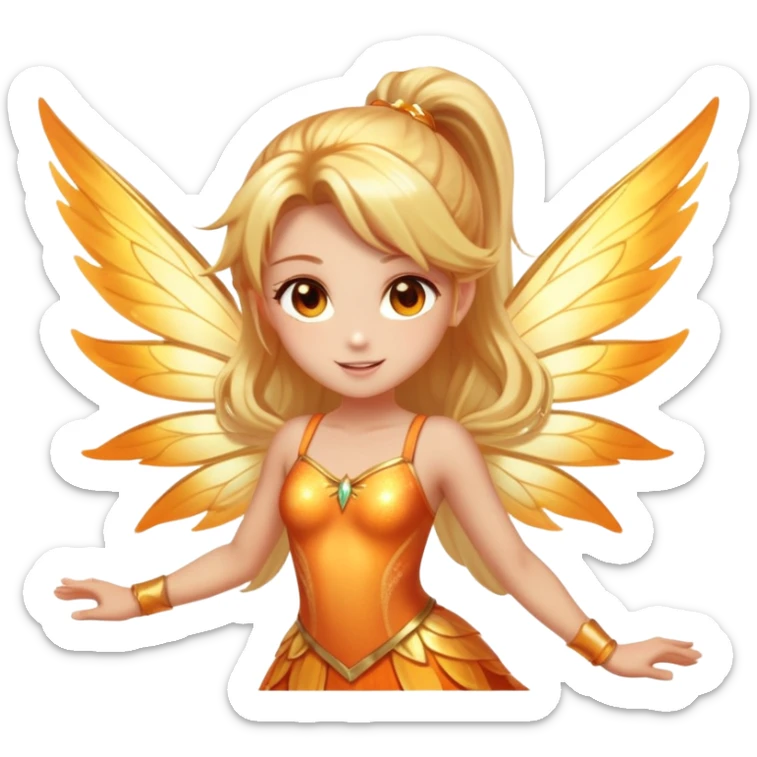 Glowing fairy with long golden-blonde hair in a high ponytail, sparkling amber eyes, and a radiant orange-gold outfit. Large translucent wings with golden shimmer, surrounded by a sunlit aura, with a joyful and confident expression. sticker