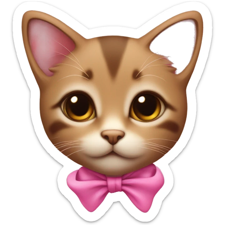 Little brown kitten with a pink ribbon around its neck, with big brown eyes and pink toungue sticker