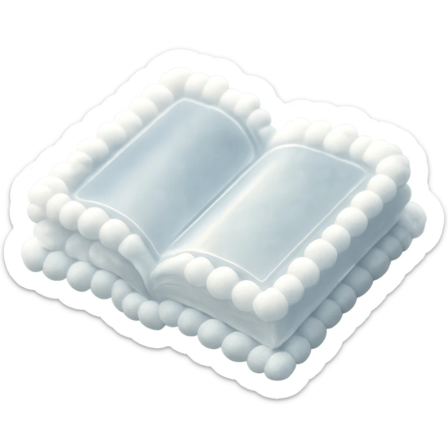 top view of a thick open book made entirely of small, very bright white fluffy convex clouds, matte glass style sticker