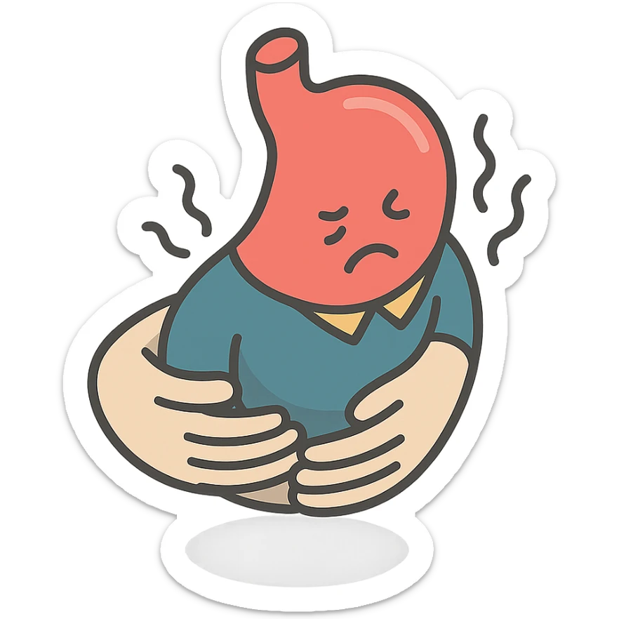 close-up of a sick stomach in clothing with hands holding the stomach, waves showing pain, detailed shadows and highlights, no face or legs, only stomach in clothing, hands and visualization of pain, transparent background sticker