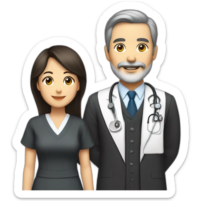husband american age 64 dark brown hair trimmed beard wearing a business suit holding a bible, wife asian age 64 black shoulder length hair wearing nurse uniform, no children sticker
