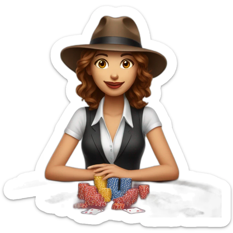 female with brown wavy hair playing poker with a poker dealer hat sticker