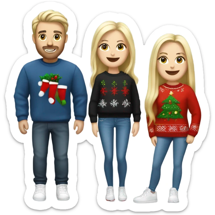 White couple,man with blach hair, blonde hair woman, with christmas jumper and jeans and sneaker sticker