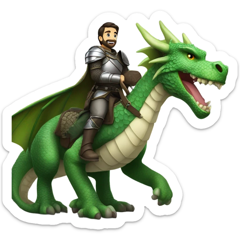 Confident armored White Man with dark brown hair and a short beard riding on the back of a giant green dragon sticker