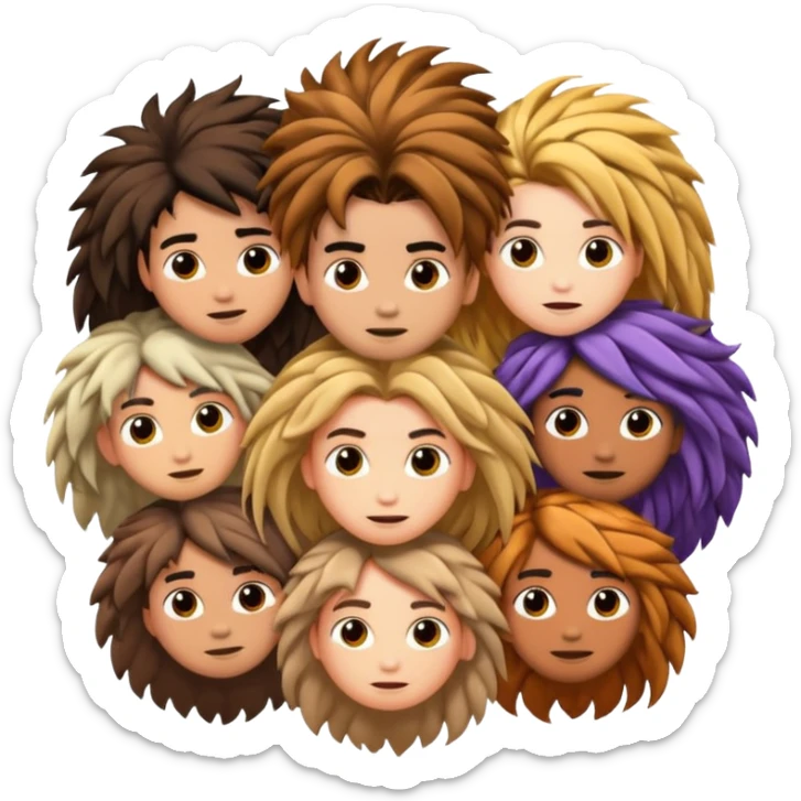 Hairy ball of people connected with their hair connected to hair sticker