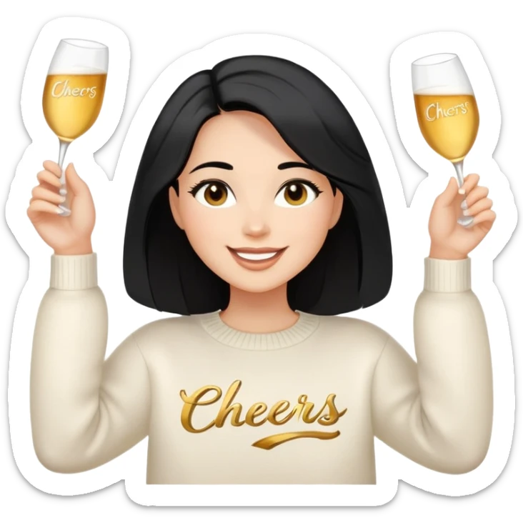 A woman with shoulder-length black hair, light to medium skin tone, full cheeks, and almond-shaped eyes, wearing a white sweater with the word 'cheers' in gold script, lying comfortably on a bed with soft lighting, joyful and radiant expression sticker