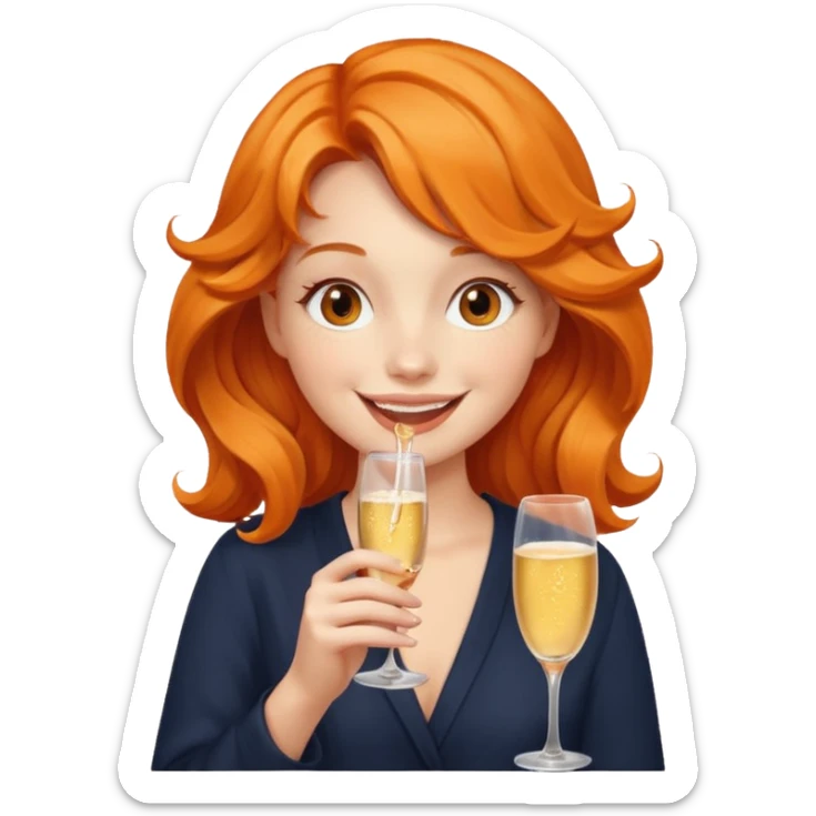 A shy young woman with orange wavy hair gently takes her first small sip of champagne, smiling with excitement. sticker