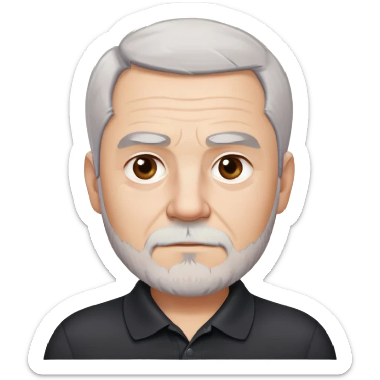Charismatic older man in his late 50s with light skin, round face with wide features, expressive dark brown eyes, thick slightly arched eyebrows, short white-gray hair with receding hairline, gray scruff beard, neutral-serious expression, wearing black polo shirt sticker