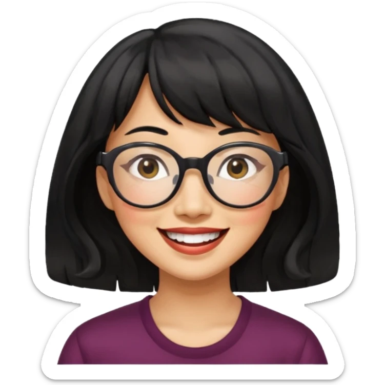 40 yr old asian woman wavy black hair bangs big glasses big smile tanned skin sticker