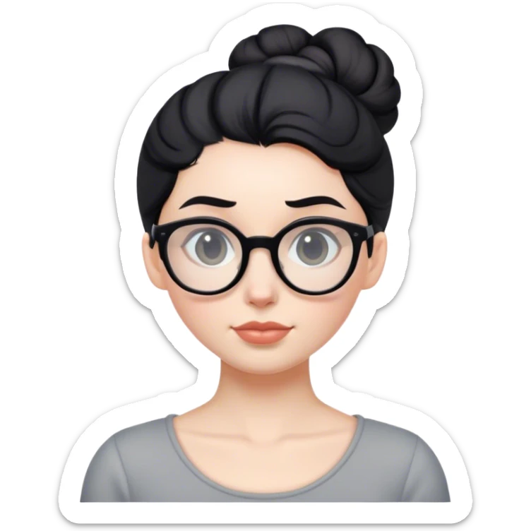 pale teacher with black hair in a updo bun, wearing gray glasses sticker