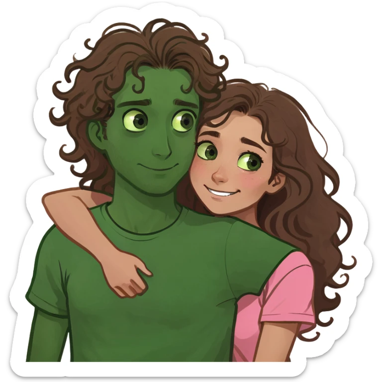 couple cuddling. Girl with dark skin, brown eyes, waist length long curly hair, wearing a pink top. Guy with white skin, green eyes buzz cut, in a white T-shirt. He hugs her from behind. sticker