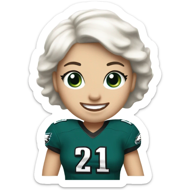 White female with light skin, short white hair with blue eyes wearing Philadelphia Eagles jersey cheering  sticker