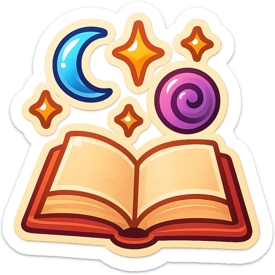 open book with floating magical symbols and stars above, no twigs or leaves, retro sticker style, shadows and highlights sticker