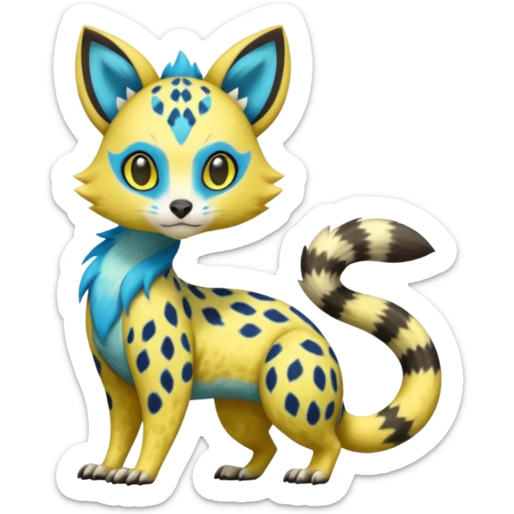 Colorful Yellow Meloetta-Civet-Sergal-Genet-Pokémon-Digimon-Fakémon-fusion-hybrid-creature with Cyan stripes and blue leopard-spot-markings  sticker