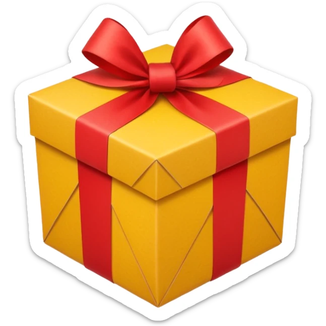 box with yellow wrapping paper and a length of red ribbon surrounding it on the bottom of the ground so you can see most of the box's cardboard sticker