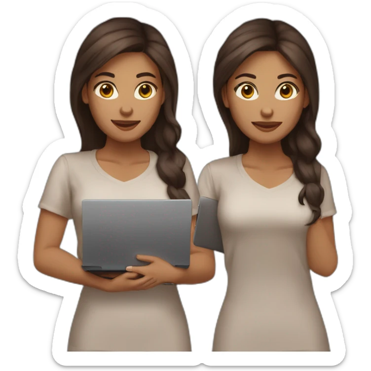 woman light medium brown skin long y dark brown hair with laptop, brown eyes sticker