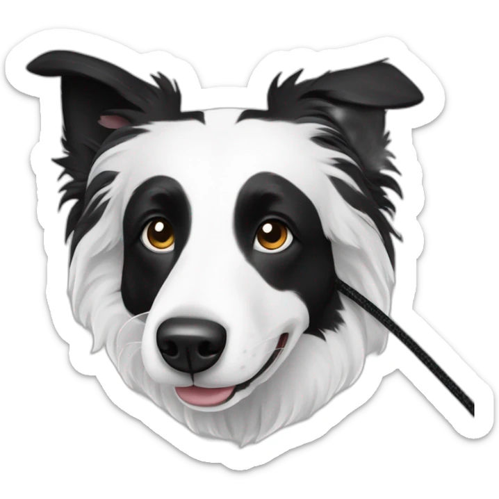 A black and white border collie with an skewed to the left white spot on his head chewing cord sticker