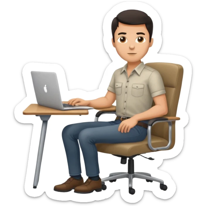 Rich man sitting on a chair, working at desk with laptop in office, in shirt, dark hair, he is german very beautiful looks like, full body view sticker