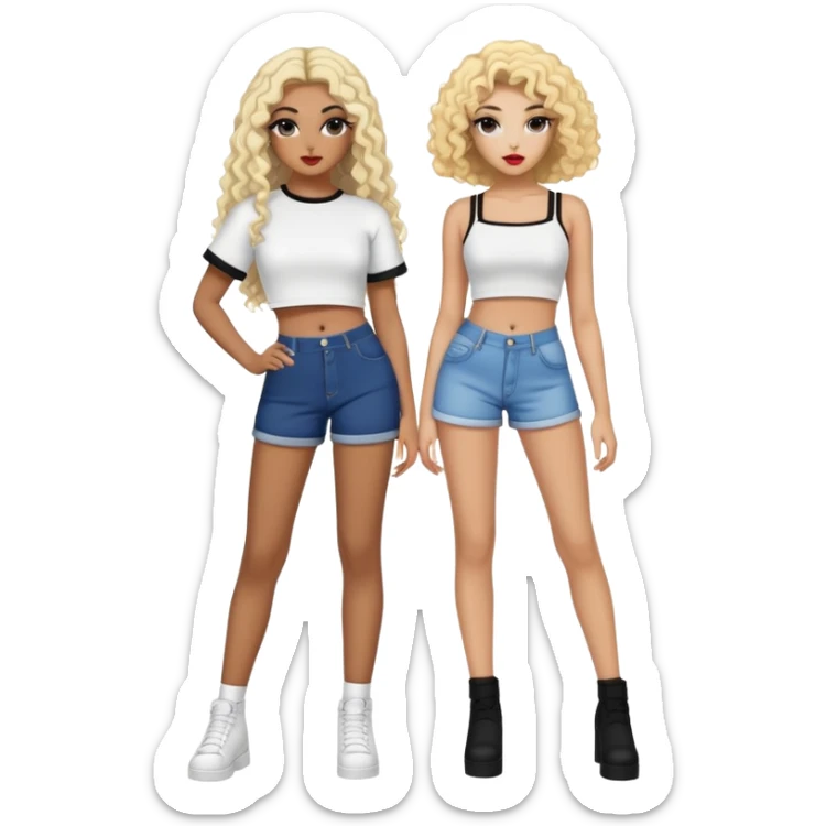 Full body of two teenage girls standing together, one white with straight blonde hair and one brown-skinned with curly black hair, both with heavy makeup, big lips, crop tops and choni style clothing sticker