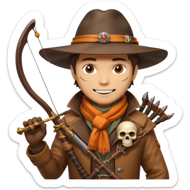 male human monster hunter emoji, wearing brown leather coat and wide hat, holding crossbow or rifle, with amulet shaped like skull, Halloween fantasy theme, confident smile, orange scarf, Apple emoji style, clean white background, square image sticker