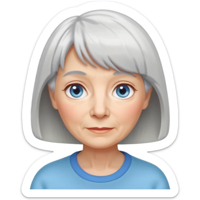 kind older woman, light gray hair with straight bangs and short hair, large light blue eyes, fair skin with soft wrinkles, digital Apple Memoji style, flat colors, soft edges, expressive and friendly sticker