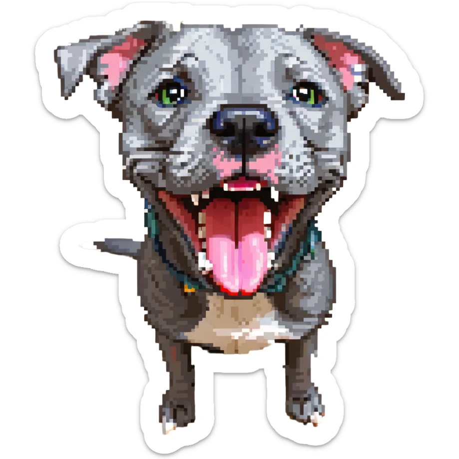 round circle puppy head full grey bleu staffy, big open mouth, big tongue out, stupid expression sticker