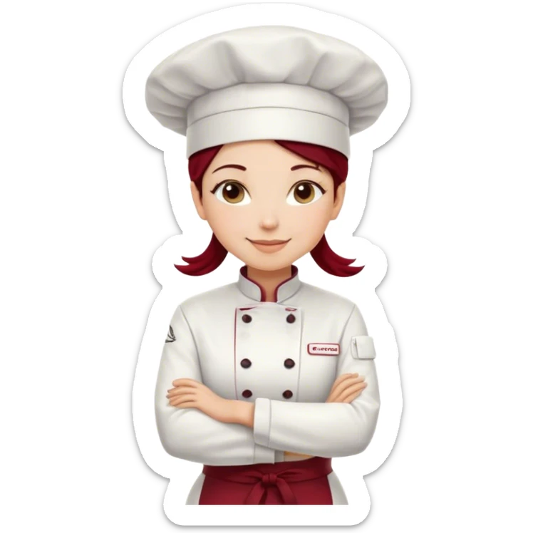 A confident female chef with fair skin, a warm smile, and a professional stance. She wears a white double-breasted chef’s jacket, a tall white hat, and a dark red apron. Her arms are crossed, exuding expertise and leadership sticker