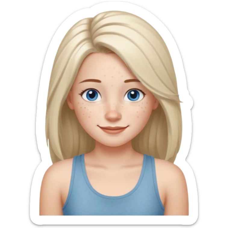 Una chica de tez blanca con pecas, nariz respingada, labios gruesos, ojos grandes color azul grisáceo, pelo largo, lacio, color avellana. Con una blusa de tirantes blanca. Que este sonriendo y q solo se vea de la cintura hacía arriba sticker