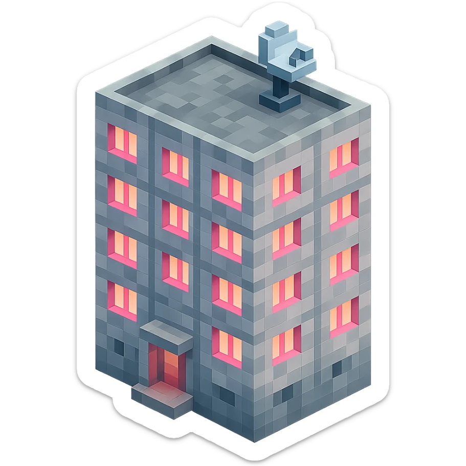 Russian panel apartment building, square block, light gray, pink glowing windows, visible entrance, satellite TV dish on the roof, isometric view sticker