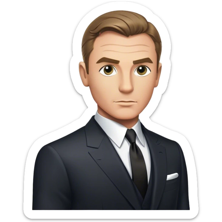 Cinematic Realistic James Bond Portrait Emoji, depicted as a suave, sophisticated secret agent in a tailored suit with a cool, composed gaze and an air of stealth and charm, rendered with crisp textures and dynamic cinematic lighting that captures his timeless espionage allure. sticker