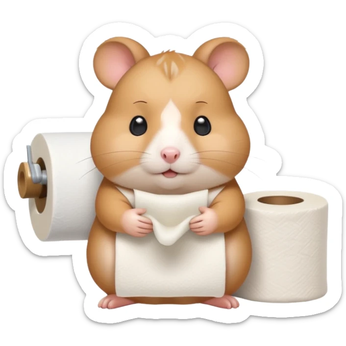 Cute chubby cartoon-style hamster holding toilet paper sitting on toilet looking as if he had an accident, sticker-style illustration sticker