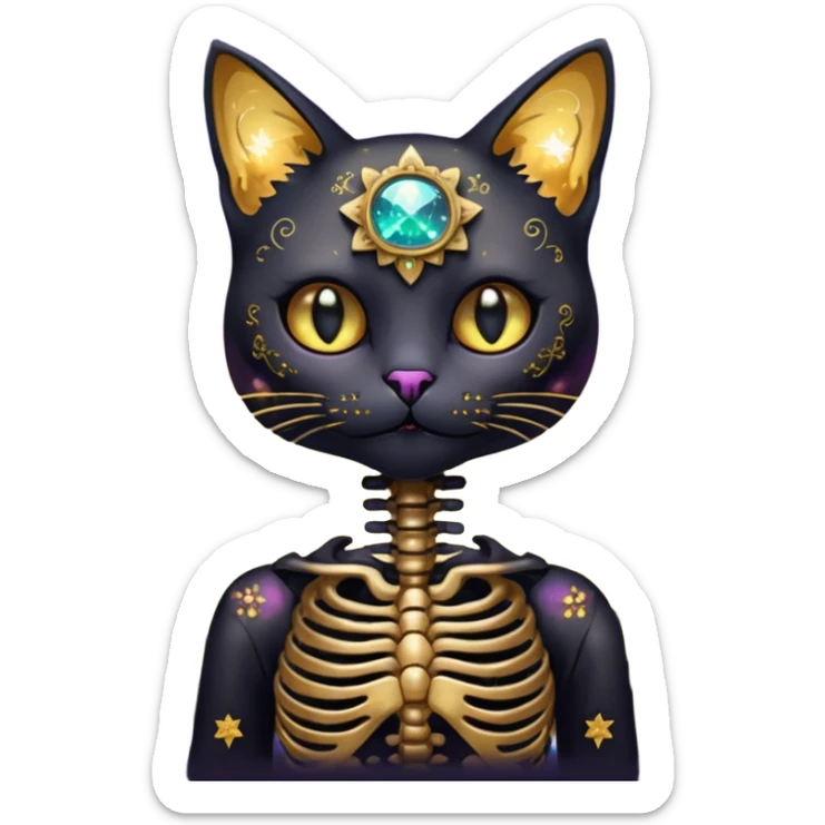 Black iridescent cat zombie skeleton gold mechanical nebula galaxy stars flowers fairy lights vintage sticker