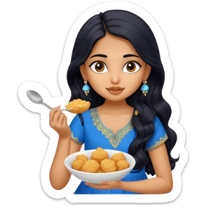 a pretty tan indian bratz girl with wavy long BLACK hair. eyeliner on, wearing a blue kurti, eating golgappa (without spoon) sticker