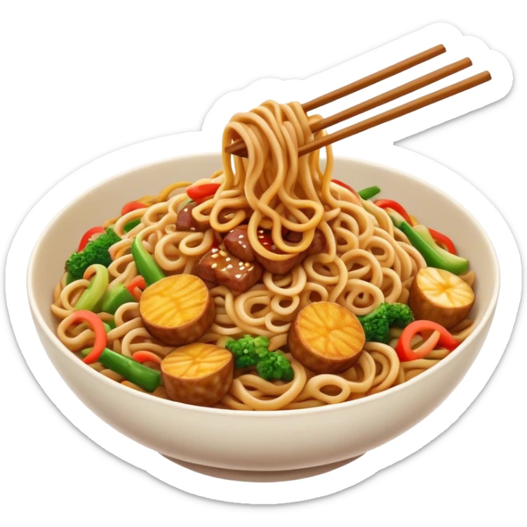Cinematic Realistic Mie Goreng Dish Emoji, featuring stir‚Äêfried noodles with vegetables and meat rendered with dynamic textures and warm, appetizing lighting. sticker
