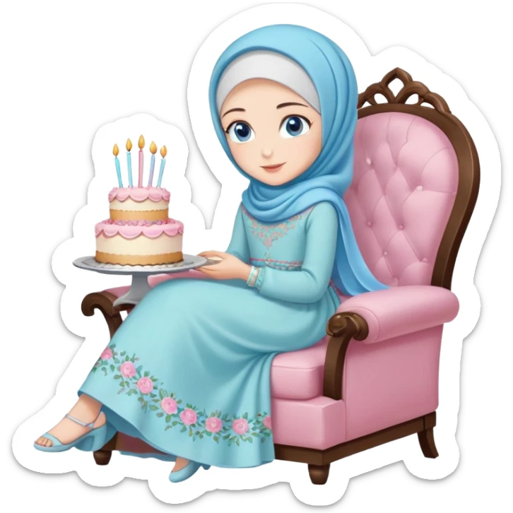 Turkish beautiful finish Konya girl blue eyes with pastel hijab long tail dress and sits on the chair and holds floral cake with her hand  sticker