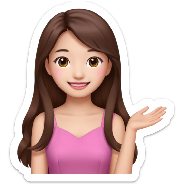 girl aesthetic emoji, asian beautiful make up long brown hair pink dress sticker
