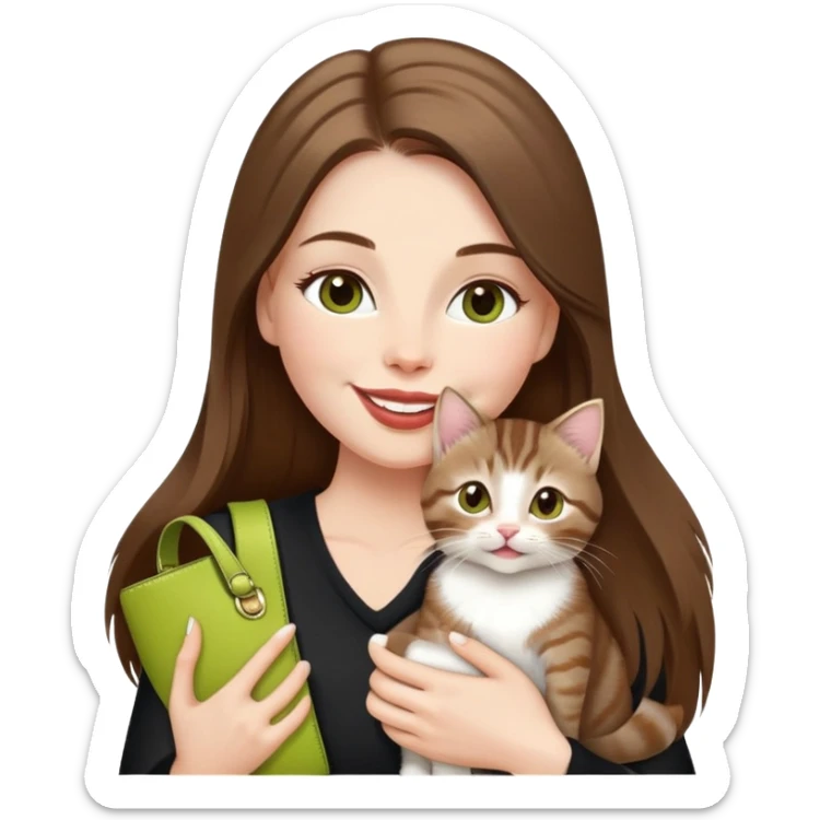 White Woman with VERY long straight brown hair, rosy lips and cheeks, chartreuse eyes, cute happy big smile holding a white and brown tabby kitten, wearing a black purse sticker